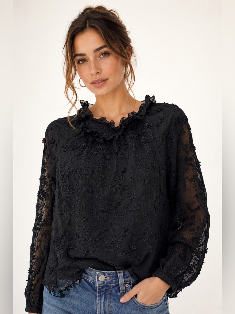 Rebecca Taylor Black Floral Appliqué Ruffle Blouse - Size 8 - Picture 1 of 4